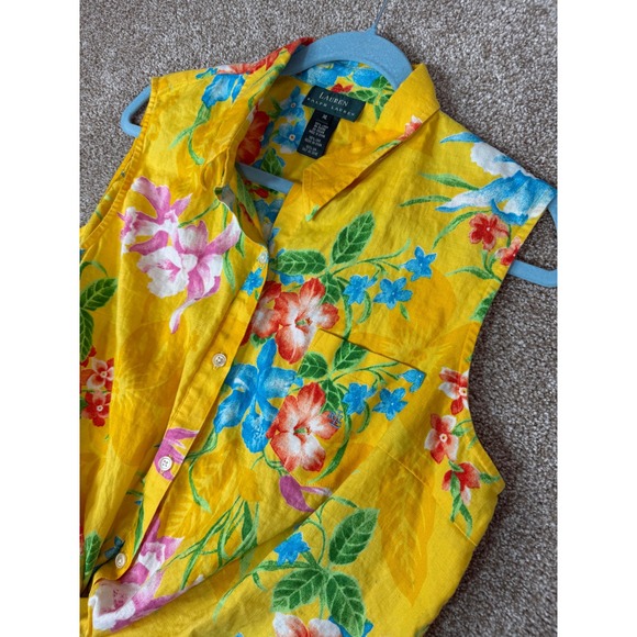 Lauren Ralph Lauren Tops - Lauren Ralph Lauren Yellow Linen Tropical Floral Tie Front Sleeveless Top XL